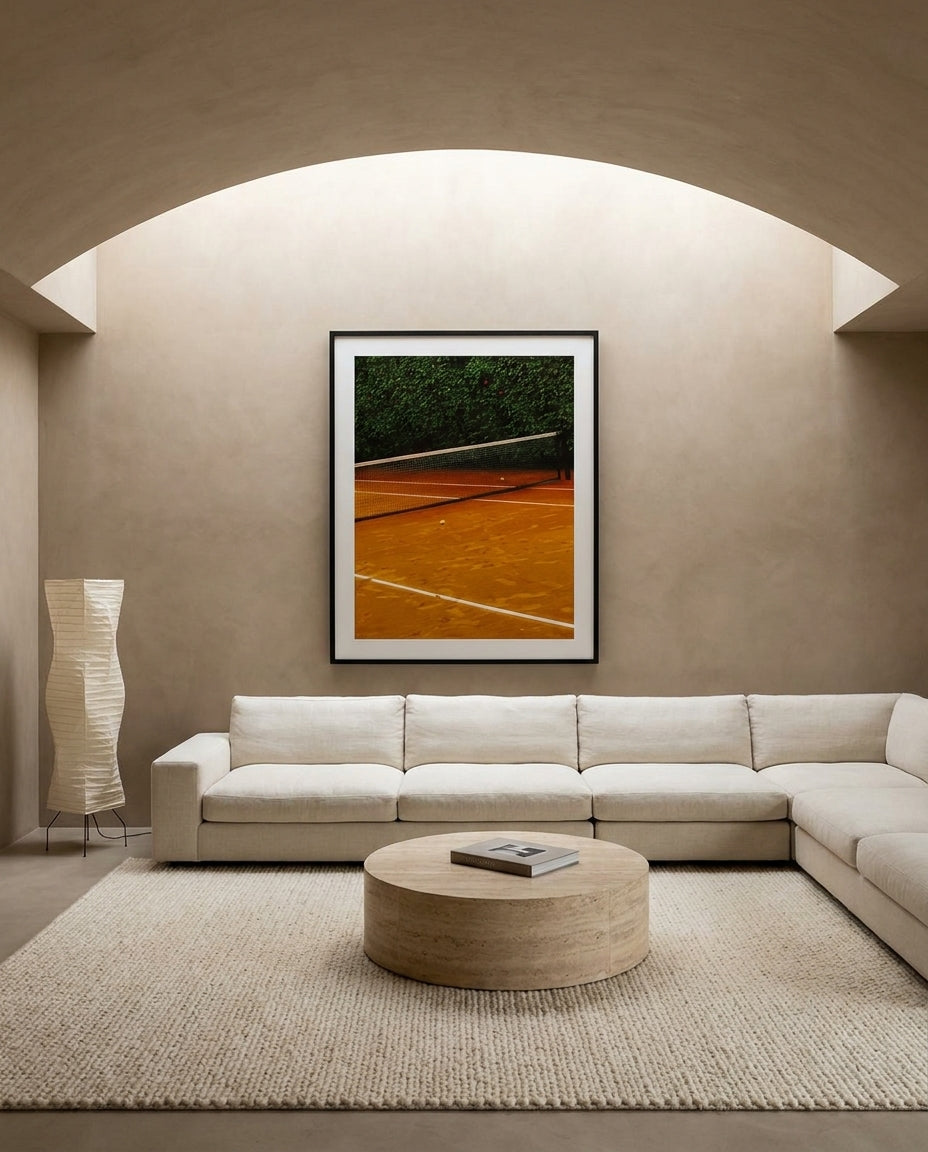 Open Court by Carson Grzegorczyk fine art photography framed art print in a solid timber frame with black finish and white mat styled extra large in an architecturally designed luxury home at Olive et Oriel