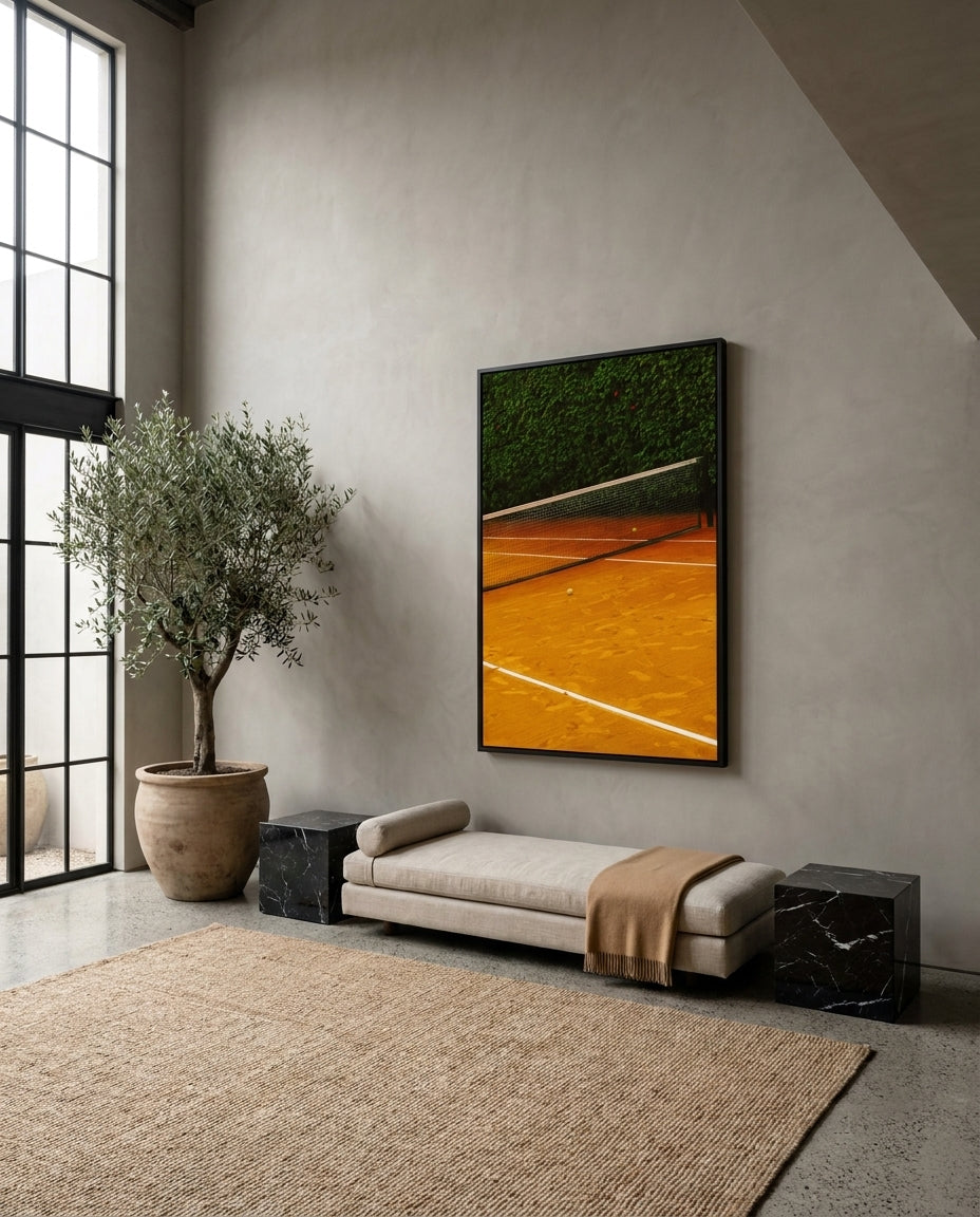 Open Court by Carson Grzegorczyk fine art photography framed canvas in a solid timber canvas float frame with black finish styled extra large in an architecturally designed luxury home at Olive et Oriel