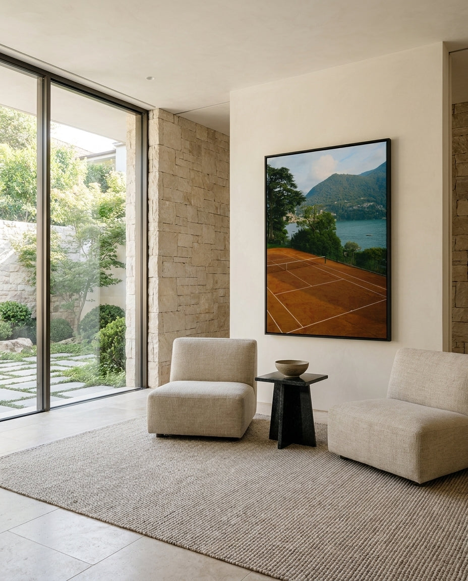 Red Court by Carson Grzegorczyk fine art photography framed canvas in a solid timber canvas float frame with black finish styled extra large in an architecturally designed luxury home at Olive et Oriel