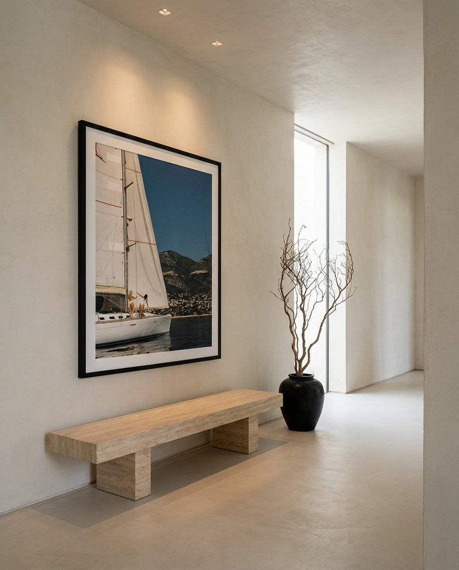 Set Sail by Carson Grzegorczyk fine art photography framed art print in a solid timber frame with black finish and white mat styled extra large in an architecturally designed luxury home at Olive et Oriel