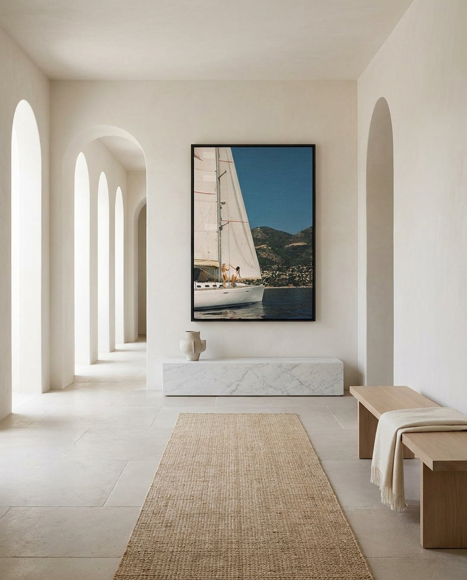 Set Sail by Carson Grzegorczyk fine art photography framed canvas in a solid timber canvas float frame with black finish styled extra large in an architecturally designed luxury home at Olive et Oriel