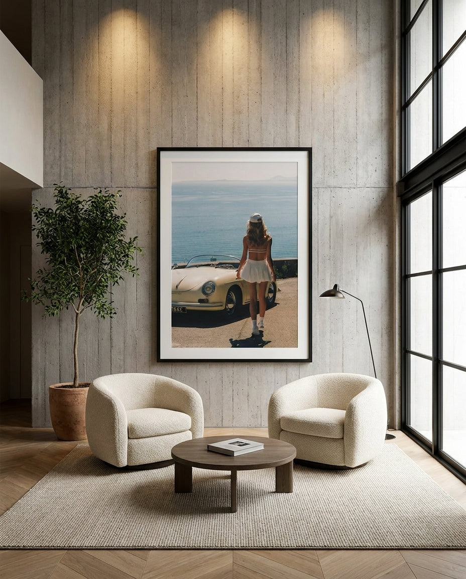 Sunday Drive by Carson Grzegorczyk fine art photography framed art print in a solid timber frame with black finish and white mat styled extra large in an architecturally designed luxury home at Olive et Oriel