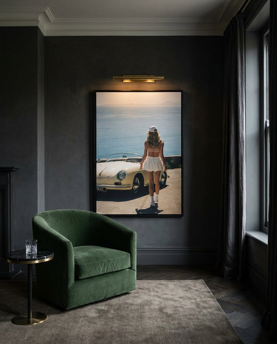 Sunday Drive by Carson Grzegorczyk fine art photography framed canvas in a solid timber canvas float frame with black finish styled extra large in an architecturally designed luxury home at Olive et Oriel