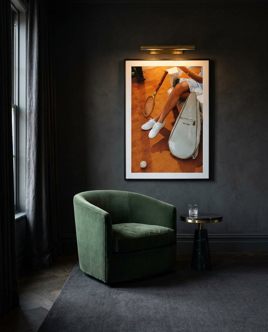 Tennis Club, Antibes by Carson Grzegorczyk fine art photography framed art print in a solid timber frame with black finish and white mat styled extra large in an architecturally designed luxury home at Olive et Oriel