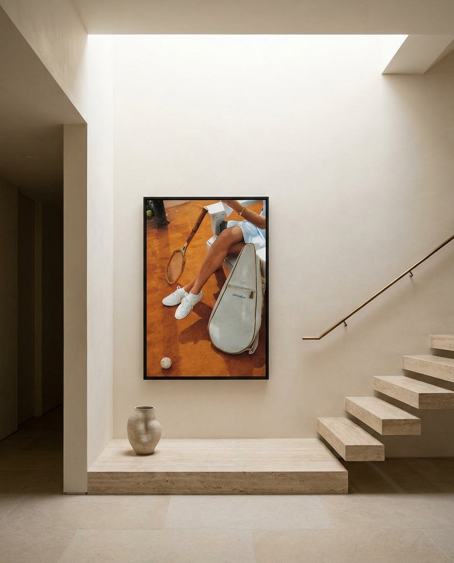 Tennis Club, Antibes by Carson Grzegorczyk fine art photography framed canvas in a solid timber canvas float frame with black finish styled extra large in an architecturally designed luxury home at Olive et Oriel