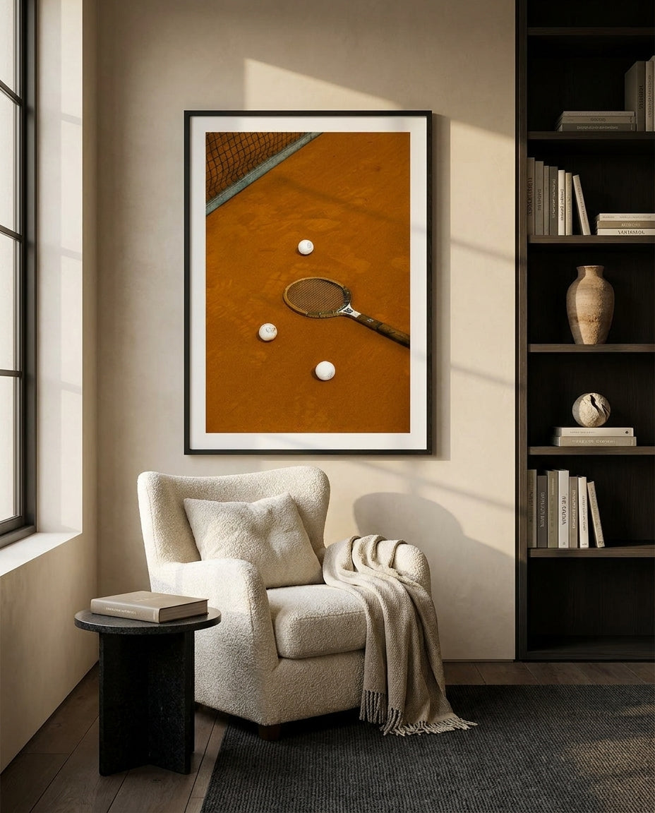 Tennis I by Carson Grzegorczyk fine art photography framed art print in a solid timber frame with black finish and white mat styled extra large in an architecturally designed luxury home at Olive et Oriel