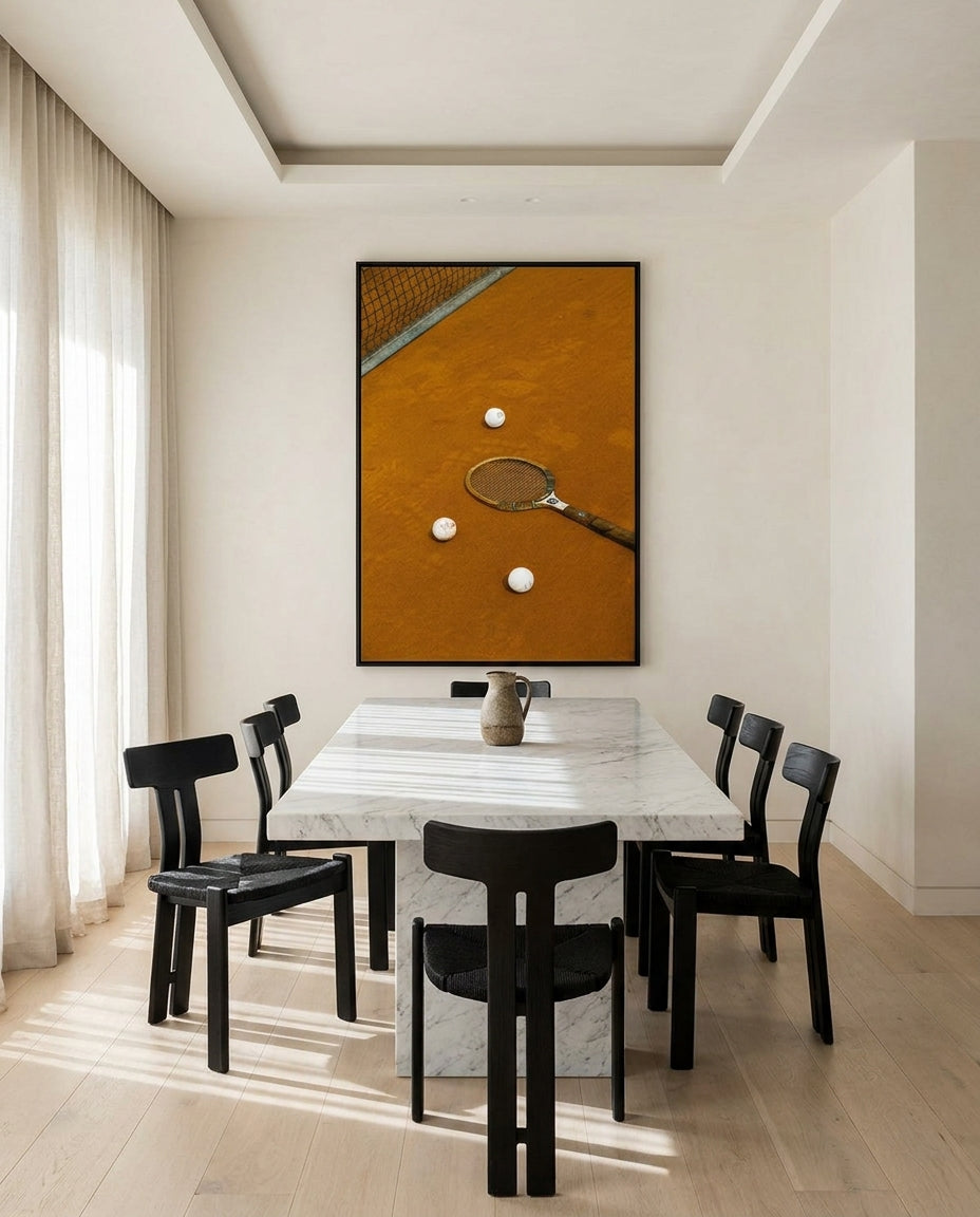 Tennis I by Carson Grzegorczyk fine art photography framed canvas in a solid timber canvas float frame with black finish styled extra large in an architecturally designed luxury home at Olive et Oriel