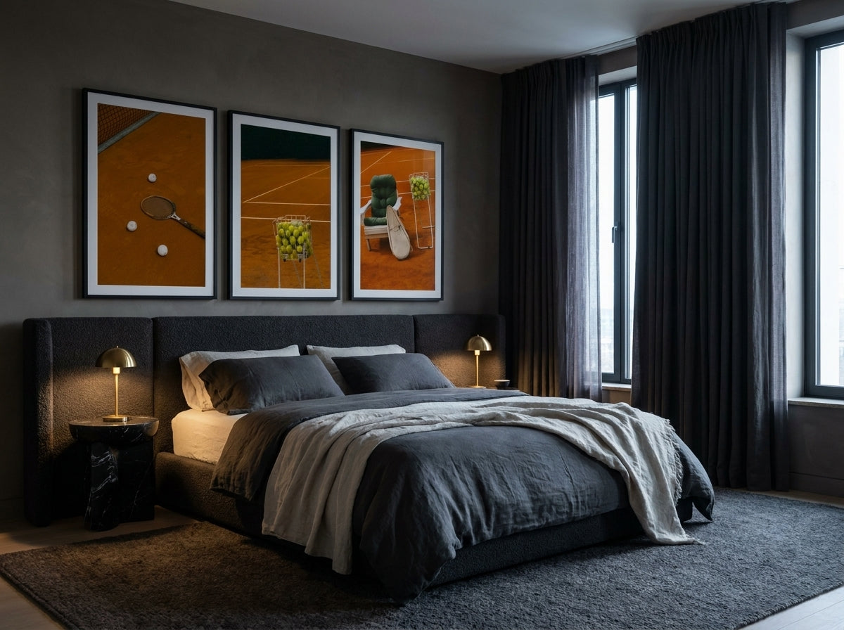 Tennis I, II & III by Carson Grzegorczyk fine art photography set of three prints in solid timber frames with black finish styled in a row extra large in an architecturally designed luxury home at Olive et Oriel