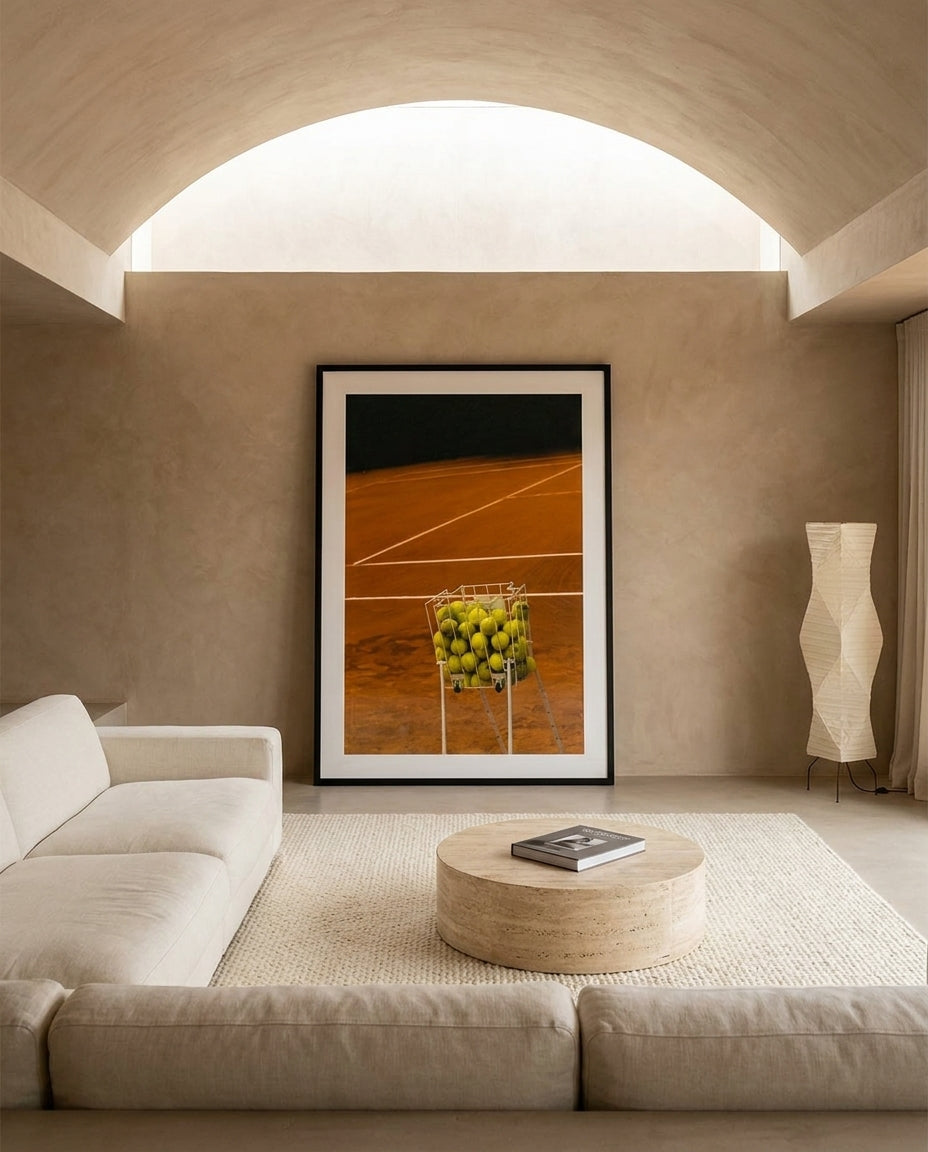 Tennis II by Carson Grzegorczyk fine art photography framed art print in a solid timber frame with black finish and white mat styled extra large in an architecturally designed luxury home at Olive et Oriel