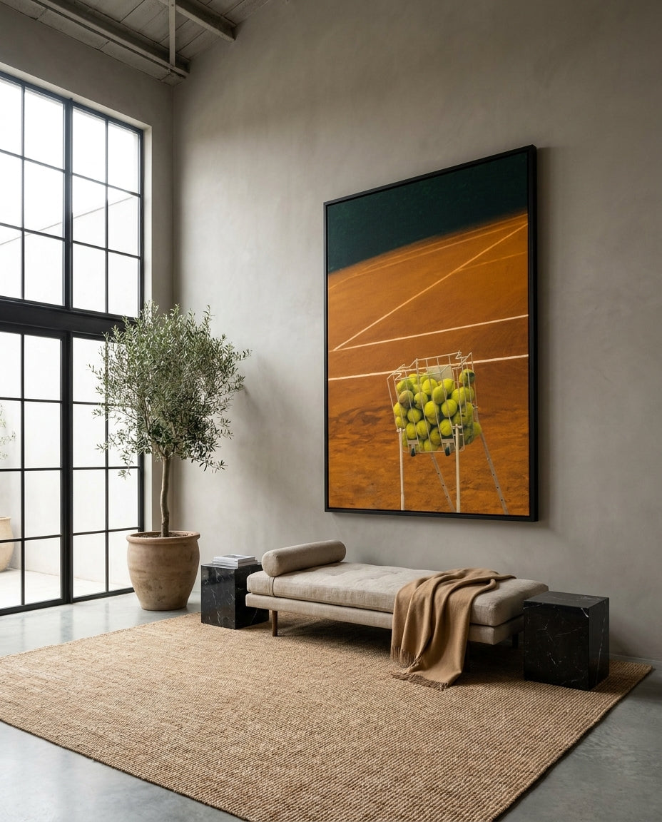 Tennis II by Carson Grzegorczyk fine art photography framed canvas in a solid timber canvas float frame with black finish styled extra large in an architecturally designed luxury home at Olive et Oriel