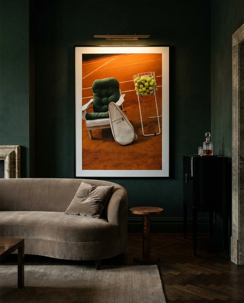Tennis III by Carson Grzegorczyk fine art photography framed art print in a solid timber frame with black finish and white mat styled extra large in an architecturally designed luxury home at Olive et Oriel