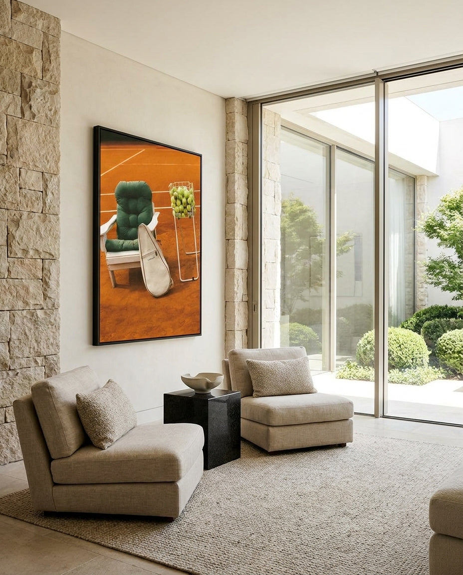 Tennis III by Carson Grzegorczyk fine art photography framed canvas in a solid timber canvas float frame with black finish styled extra large in an architecturally designed luxury home at Olive et Oriel