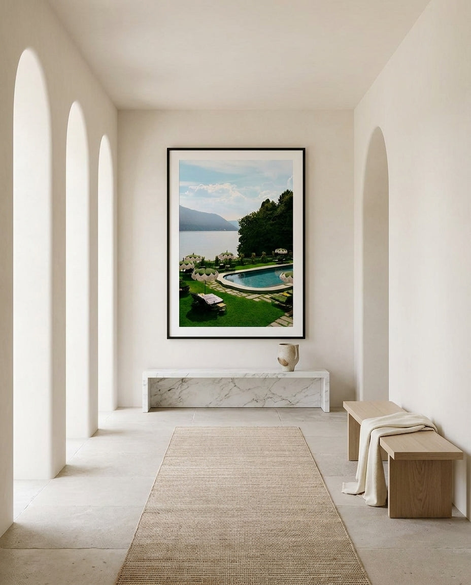 The View I by Carson Grzegorczyk fine art photography framed art print in a solid timber frame with black finish and white mat styled extra large in an architecturally designed luxury home at Olive et Oriel