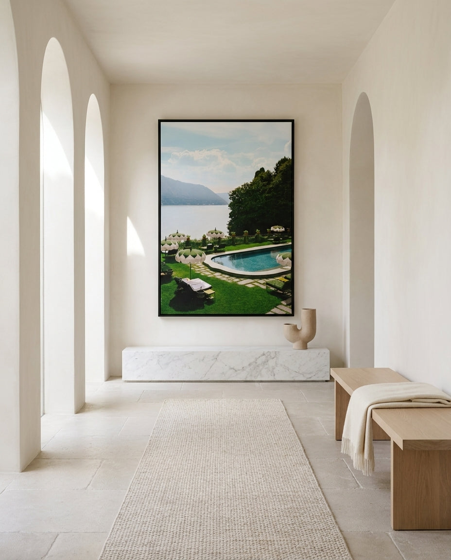 The View I by Carson Grzegorczyk fine art photography framed canvas in a solid timber canvas float frame with black finish styled extra large in an architecturally designed luxury home at Olive et Oriel