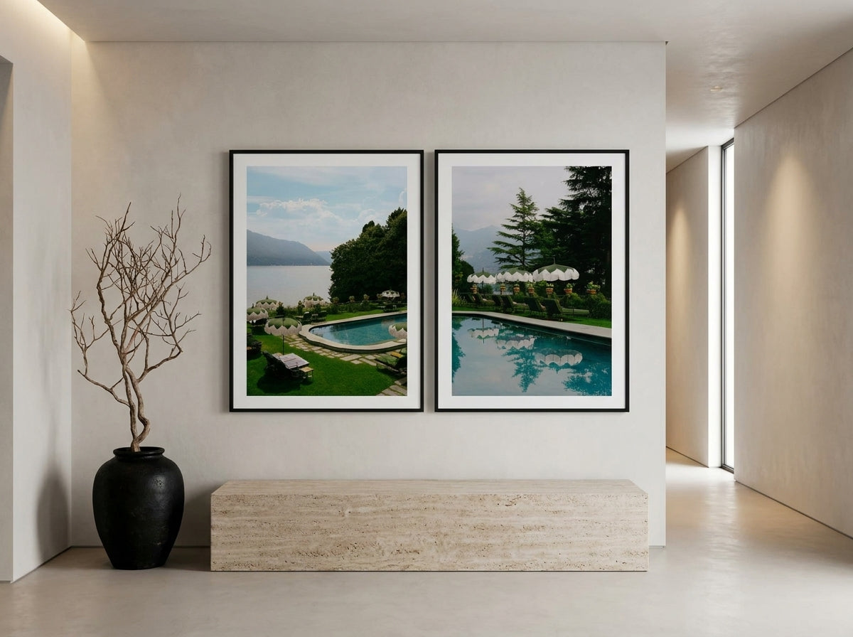 The View I & II by Carson Grzegorczyk fine art photography set of two prints in solid timber frames with black finish styled side by side extra large in an architecturally designed luxury home at Olive et Oriel
