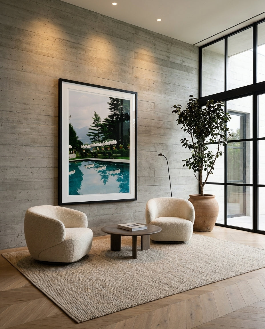 The View II by Carson Grzegorczyk fine art photography framed art print in a solid timber frame with black finish and white mat styled extra large in an architecturally designed luxury home at Olive et Oriel