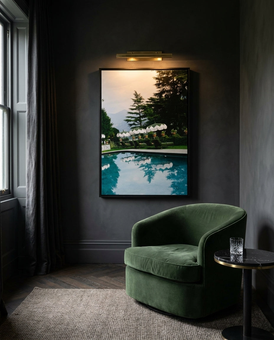 The View II by Carson Grzegorczyk fine art photography framed canvas in a solid timber canvas float frame with black finish styled extra large in an architecturally designed luxury home at Olive et Oriel