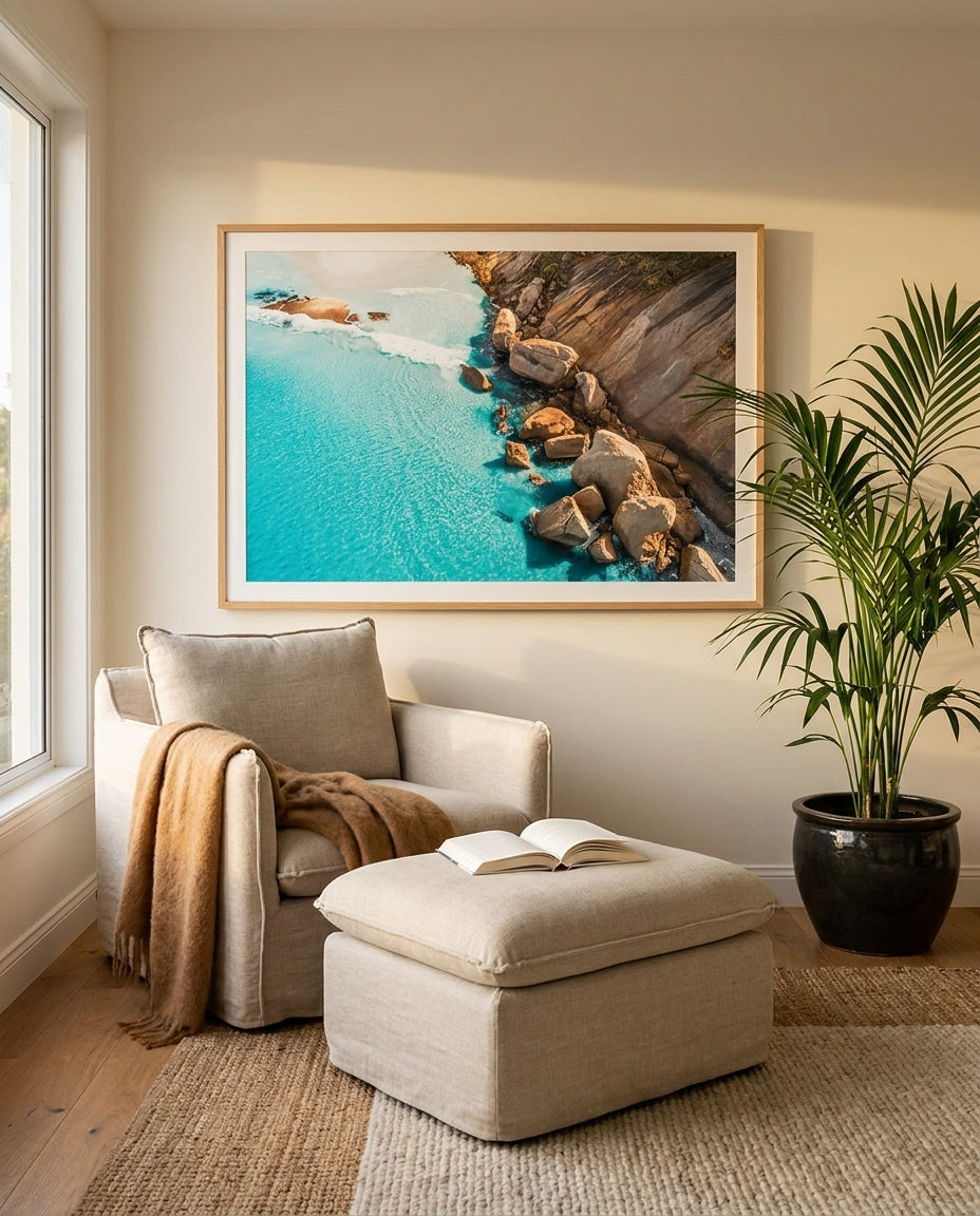 Firsties View Esperance framed photographic art print by Art of Flight Co styled extra large in a coastal Australian living space at Olive et Oriel