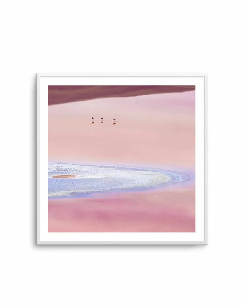 Framed photography art print of a minimalist landscape featuring three flamingos wading in a shallow pink lake with a pale blue and white sandbar, under a soft pink sky, displayed in a white frame with white border.
