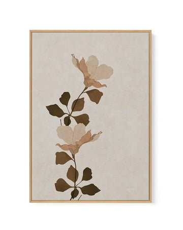 Framed canvas art print featuring a minimalist botanical illustration of a flowering branch. The design shows a vertical stem with alternating dark olive-brown and cream-colored leaves, with delicate pale blush and tan flowers blooming at three points along the stem. The artwork uses a soft, muted colour palette of warm neutrals against a light beige background. The canvas is set in a natural wood frame with a thin border.