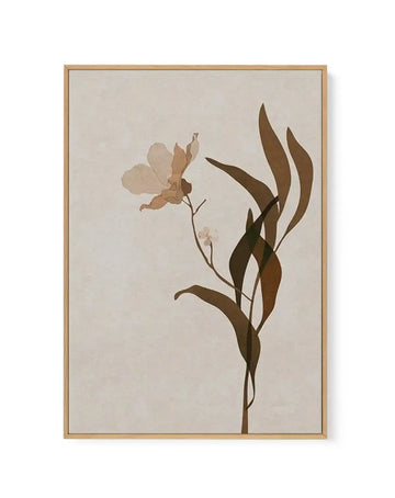 Framed canvas art print featuring a minimalist botanical illustration on a cream background. A single delicate flower with pale beige petals blooms on a thin stem, positioned on the left side. Dark brown and olive-toned leaves extend upward on the right, creating an asymmetrical composition. The artwork has a soft, watercolor-like quality with muted earth tones. Natural wood frame with thin border surrounds the canvas.