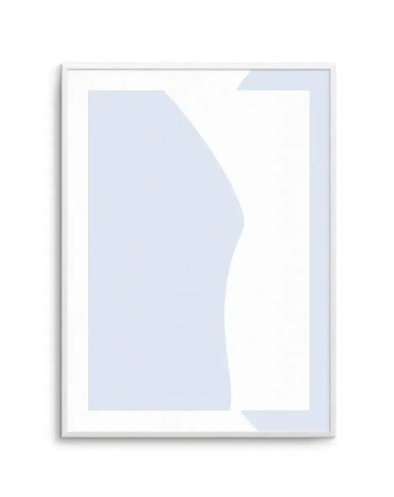 Framed art print featuring an abstract organic shape in soft periwinkle blue against a white background. The shape has curved, flowing edges with a concave indentation on the right side, suggesting a minimalist figure or silhouette. The design uses a clean, contemporary aesthetic with a light blue color palette. The artwork is displayed in a silver-toned frame with a white border, creating a modern gallery-style presentation.