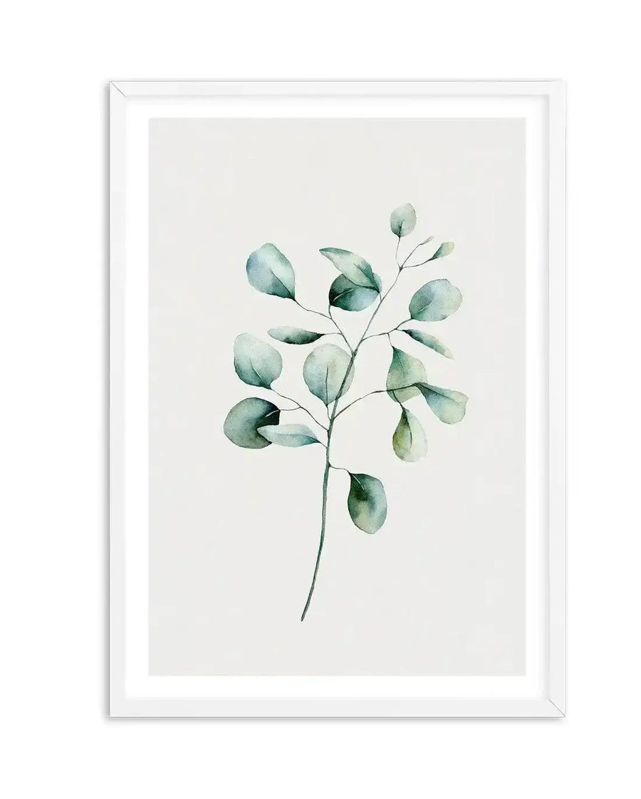 Watercolour art print featuring a single eucalyptus branch with multiple soft green leaves on a white background, displayed in a white frame with white border.