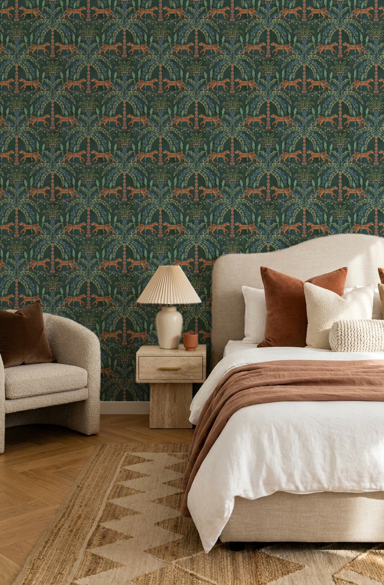 Boheme Cheetah in Forest Green Wallpaper