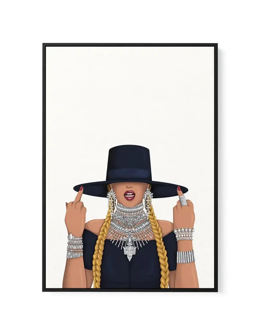 Framed canvas art print featuring an illustration of a woman wearing a wide-brimmed black hat and black off-shoulder top, adorned with gold braided hair, silver chandelier earrings, and layered silver chain necklaces and cuff bracelets. She has a bold red lip and her fingers are raised to the hat brim. Cream-colored background. Black frame with white border. Vertical orientation.