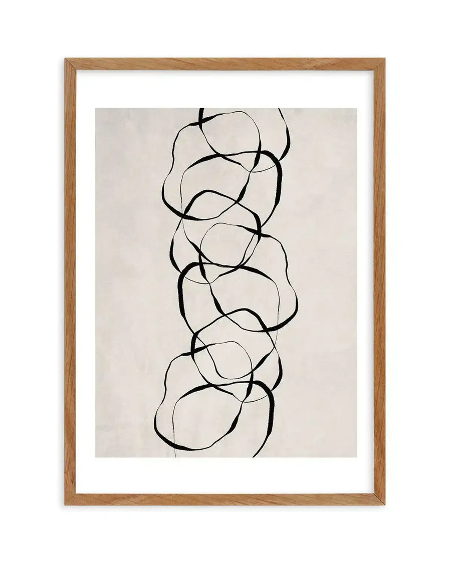 Framed art print titled Forme D'objet I featuring an abstract line drawing on cream-colored paper. The composition shows a vertical arrangement of eight organic, rounded shapes outlined in black ink with curved, flowing lines that interweave and overlap throughout. The shapes have soft, irregular edges resembling simplified forms or abstract objects. A natural wood frame with warm honey tones surrounds the artwork with a white border.