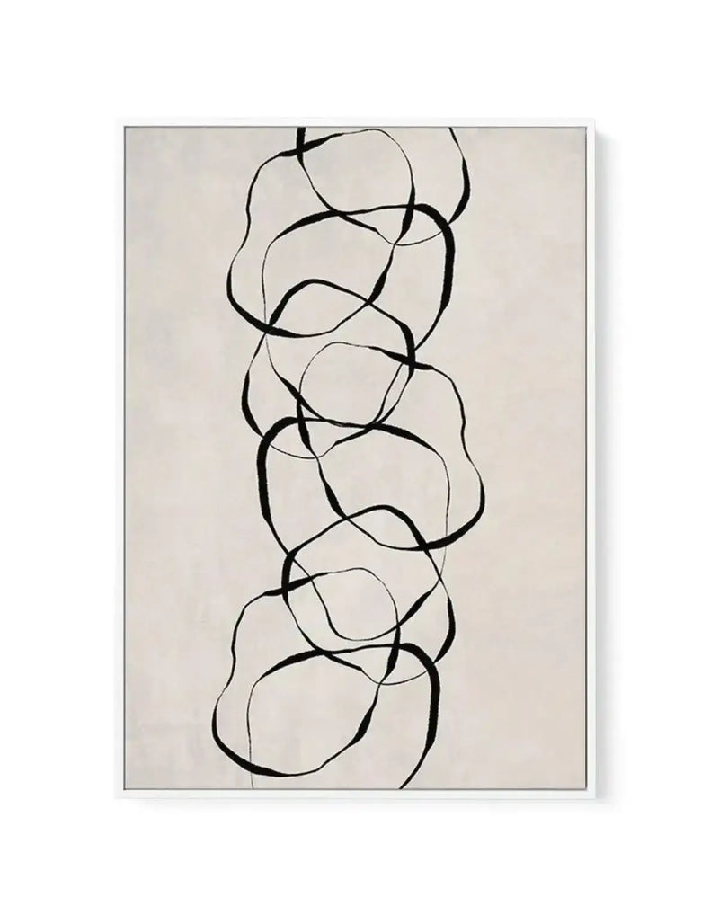 Framed canvas art print featuring a vertical composition of six organic, rounded shapes stacked in a column against a cream background. Each shape is outlined in black ink with thin, continuous flowing lines that weave between the forms, creating an abstract, interconnected design. The minimalist pen-drawn style has a sketch-like quality on a natural linen canvas. The artwork is displayed in a simple gray frame with a white border.