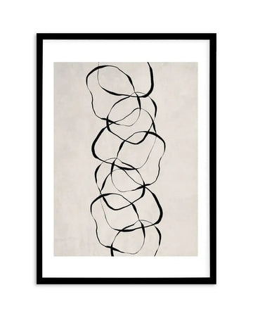 Framed art print titled Forme D'objet II featuring abstract line drawing on cream background. Vertical composition of stacked, organic curved shapes in black ink with thin gray lines creating continuous flowing forms. Black wooden frame with white border surrounding the artwork. Minimalist, modernist aesthetic with hand-drawn quality.