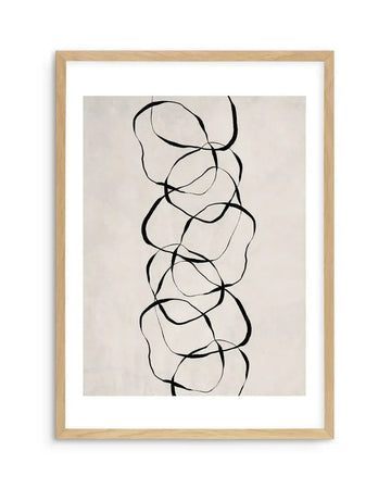 Framed art print titled "Forme D'objet II" featuring an abstract line drawing on a light beige background. The composition shows six organic, rounded square shapes stacked vertically and interconnected by bold black curved lines that weave across and between the forms. The shapes are outlined in thin gray lines while the connecting elements are rendered in thick, expressive black strokes. The artwork is mounted in a natural wood frame with a white border, presented against a white wall.