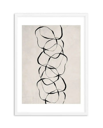 Framed art print titled Forme D'objet II featuring abstract continuous line drawing in black ink on cream-colored paper. The composition shows six organic, rounded rectangular shapes stacked vertically and connected by flowing curved black lines that weave between them. The shapes have soft, irregular edges suggesting three-dimensionality. White frame with white border around the artwork. Minimalist, modernist aesthetic with high contrast between the bold black lines and neutral background.