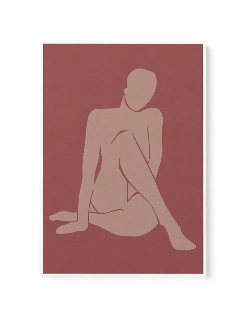 Framed canvas art print titled "Forme Feminine I" featuring a minimalist line drawing of a seated female nude figure in warm beige tones against a deep dusty rose background. The figure is rendered in soft peachy-tan with subtle curved lines defining the form. White wooden frame with white border around the canvas edges.