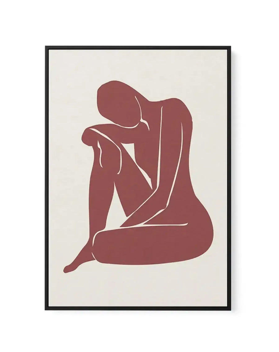 Framed canvas art print featuring an abstract female figure in a seated, contemplative pose. The figure is rendered as a solid burgundy silhouette with thin cream-colored line work defining the contours of the body, legs, and facial profile. The minimalist composition is set against a soft cream background. The artwork is displayed in a black frame with a white border, creating a clean, gallery-style presentation.