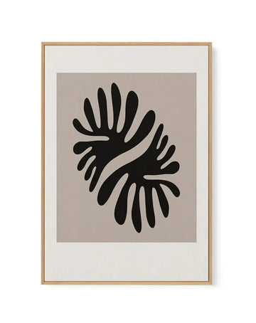 Framed canvas art print titled Forme Organique I featuring an abstract black silhouette of curved, organic shapes resembling stylized hands or leaves arranged in a spiral composition against a warm taupe background. The design is mounted in a natural wood frame with a white border, presented as a vertical rectangular wall art piece.