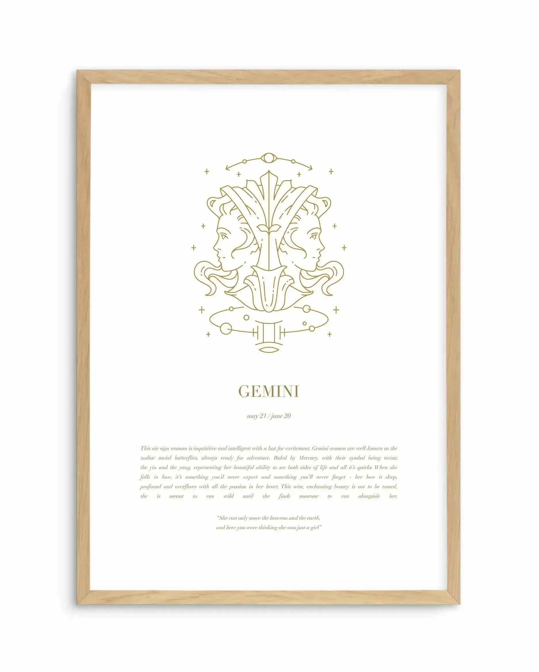 Gemini | Celestial Zodiac Art Print-PRINT-Olive et Oriel-Olive et Oriel-A4 | 8.3" x 11.7" | 21 x 29.7cm-Oak-With White Border-Buy-Australian-Art-Prints-Online-with-Olive-et-Oriel-Your-Artwork-Specialists-Austrailia-Decorate-With-Coastal-Photo-Wall-Art-Prints-From-Our-Beach-House-Artwork-Collection-Fine-Poster-and-Framed-Artwork