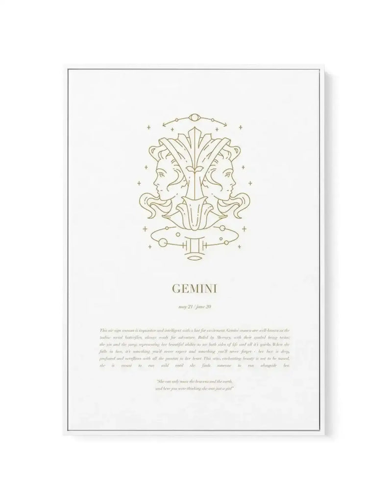Framed canvas print featuring a minimalist gold line art illustration of the Gemini zodiac sign on a white background, with a natural wood frame and white border. The illustration depicts two symmetrical female profiles facing away from each other, connected by an ornate central design. Below the illustration, the word "GEMINI" is written in gold, followed by "may 21 / june 20" in smaller text. At the bottom, a paragraph of text describes the Gemini woman, and a quote is included.