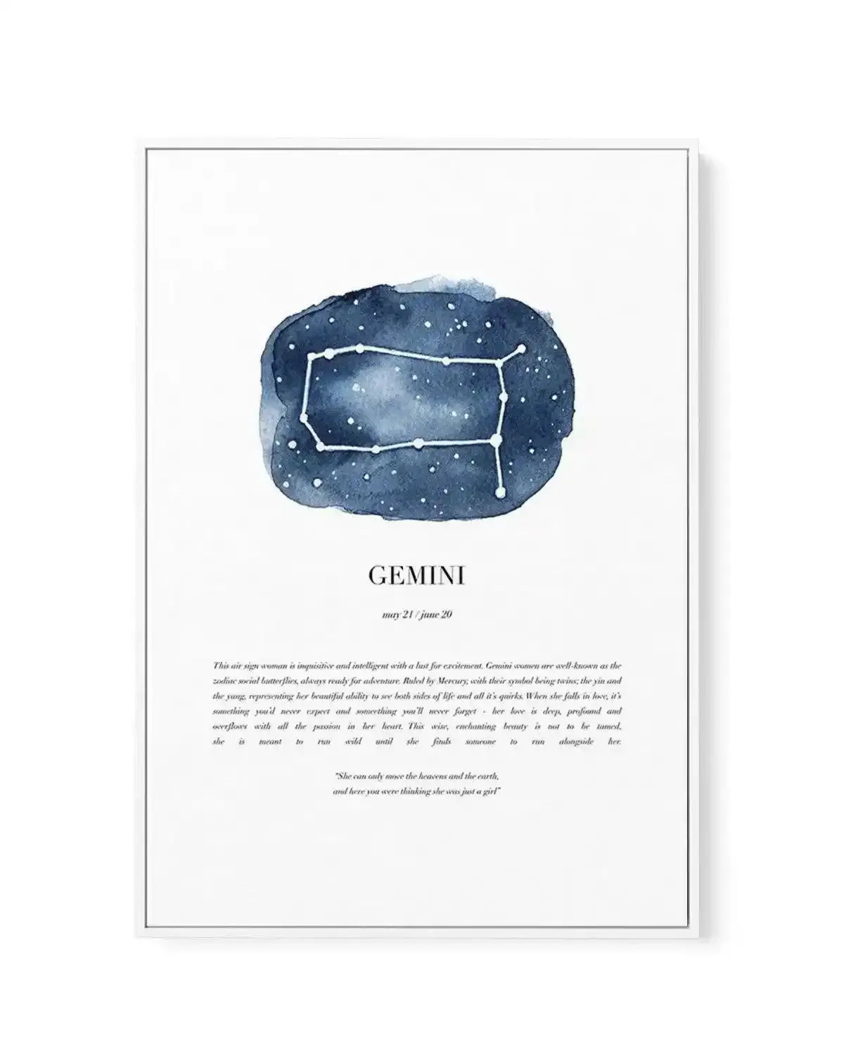 Gemini | Watercolour Zodiac | Framed Canvas-CANVAS-You can shop wall art online with Olive et Oriel for everything from abstract art to fun kids wall art. Our beautiful modern art prints and canvas art are available from large canvas prints to wall art paintings and our proudly Australian artwork collection offers only the highest quality framed large wall art and canvas art Australia - You can buy fashion photography prints or Hampton print posters and paintings on canvas from Olive et Oriel an