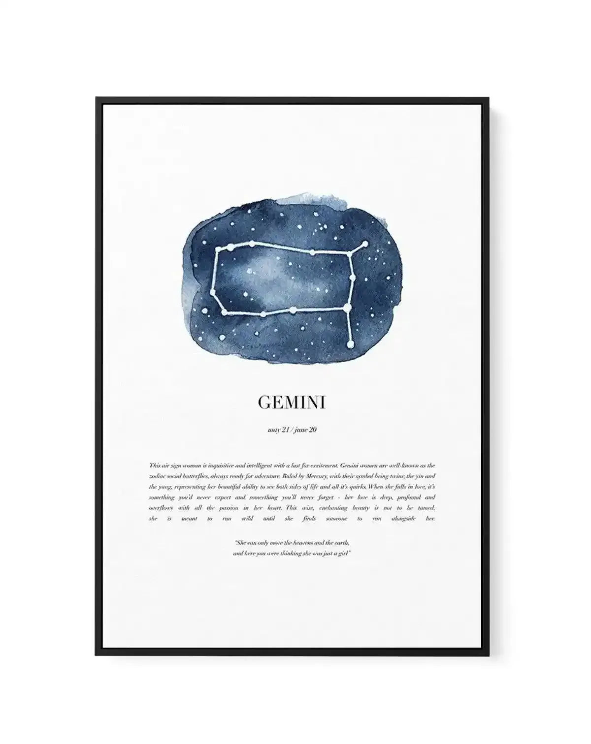 Gemini | Watercolour Zodiac | Framed Canvas-CANVAS-You can shop wall art online with Olive et Oriel for everything from abstract art to fun kids wall art. Our beautiful modern art prints and canvas art are available from large canvas prints to wall art paintings and our proudly Australian artwork collection offers only the highest quality framed large wall art and canvas art Australia - You can buy fashion photography prints or Hampton print posters and paintings on canvas from Olive et Oriel an