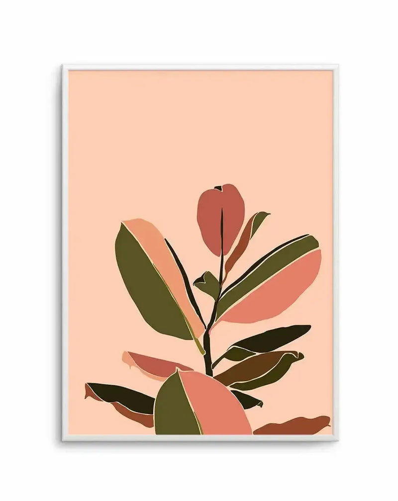 Graphic art print featuring an abstract fig plant with layered leaves and a single red flower bud against a soft peachy-beige background. The design uses a minimal, geometric style with overlapping shapes in shades of dusty rose, coral, olive green, dark green, and brown. The artwork is displayed in a white frame with a white border.