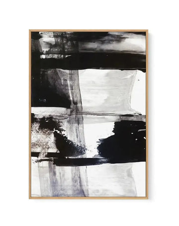 Abstract black and white canvas art print titled Halton I, featuring layered horizontal and vertical brushstrokes in charcoal black, gray, and ivory. The composition includes gestural marks, subtle washes, and organic shapes suggesting landscape elements. The framed print has a natural wood frame with white border, mounted on white background.