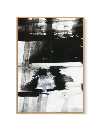 Abstract black and white canvas art print titled Halton II, featuring layered photographic imagery with high contrast areas of deep black and light white. The composition includes overlapping architectural and landscape elements with gestural brushstroke-like marks, creating a sense of movement and depth. The artwork is mounted in a natural wood frame with a white border, displayed against a white background.