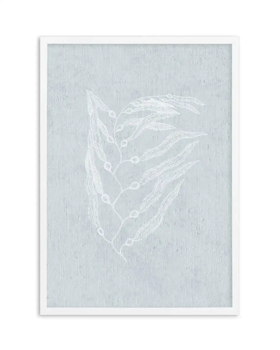 White framed art print featuring delicate botanical illustration of a branching plant stem with elongated leaves and small seed pods rendered in white against a soft sage green textured background, displayed with white border.
