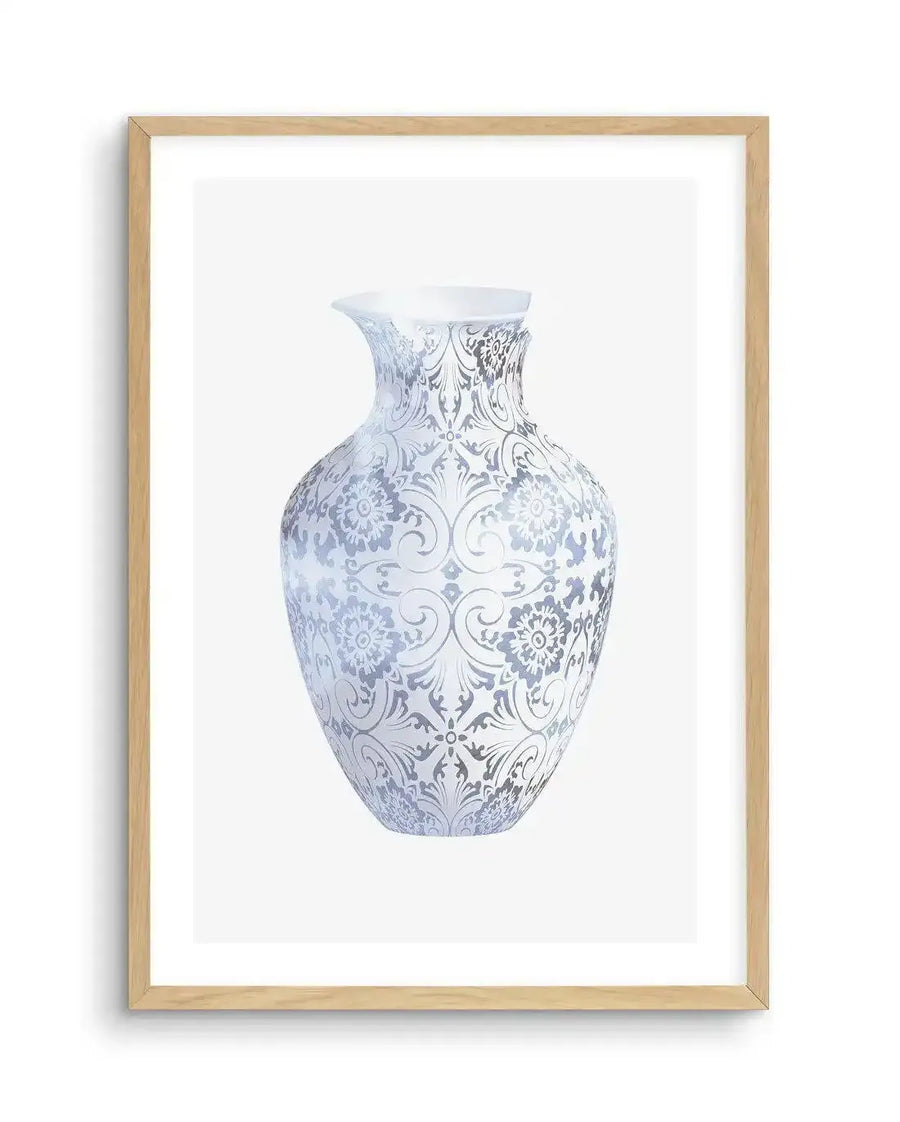 Art print featuring a white vase with intricate silver-grey damask and floral patterns, displayed in a natural oak frame with white border. The vase has a flared rim and a rounded body, with the patterns covering its entire surface.
