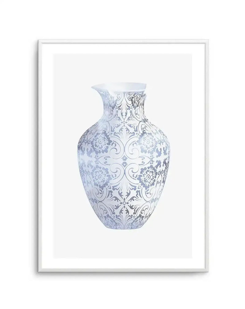 Art print featuring a decorative vase with a wide body and narrow neck, adorned with an intricate damask pattern in silver-grey and white, printed on fine art paper and displayed in a white frame with white border.