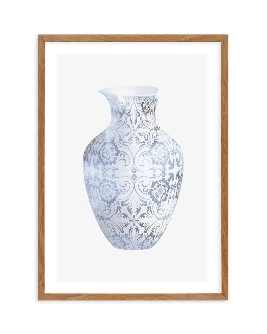 Watercolour art print featuring a white vase with intricate silver-grey damask and floral patterns, displayed in a natural oak frame with white border.