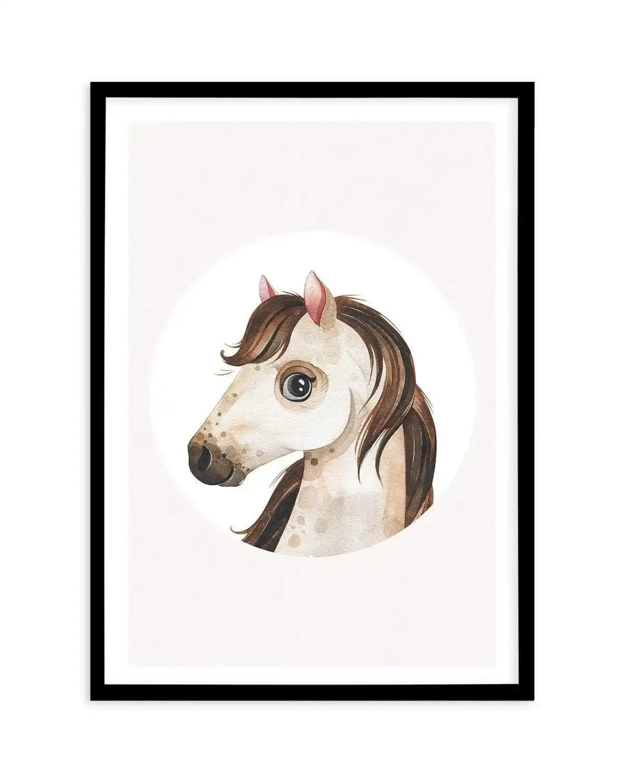 Watercolour art print featuring the head and neck of a horse with a white coat, brown mane, and brown spots, set against a plain white background and displayed in a black frame with a white border. The horse has large, dark eyes and pink inner ears.