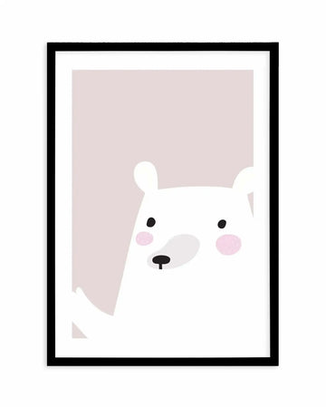 Framed art print featuring a minimalist illustration of a white bear's face against a soft mauve background. The bear has black dot eyes, a black nose, gray shading on one side of its snout, and pink circular cheeks. Two rounded ears frame the top of the head. The artwork is displayed in a black frame with a white border. The illustration style is simple and geometric with a calm, gentle mood suitable for nursery or contemporary decor.